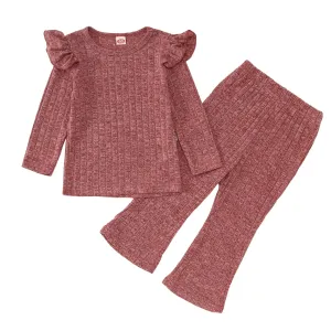 GLIGLITTR Toddler Baby Girls Clothes Set Ruffle Knit Ribbed Long Sleeve T-Shirts Tops Pants 2Pcs Outfits Fall Winter Clothes(5-6TDark pink)