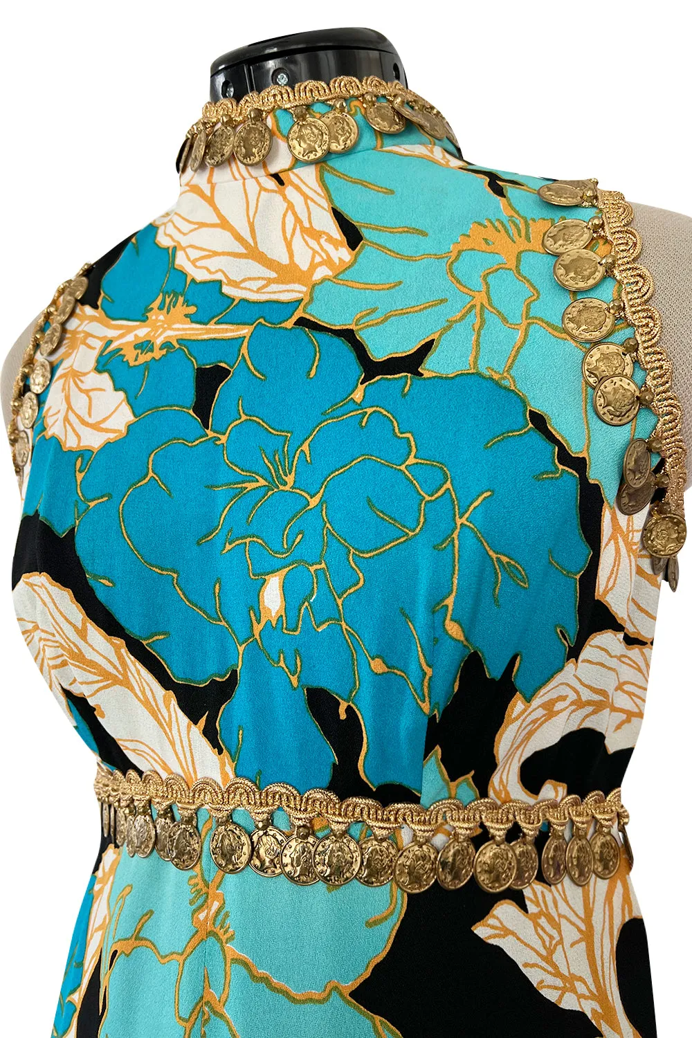 Gorgeous 1960s Unlabeled Tropical Blues Floral Print Jumpsuit w Gold Coin & Cord Detailing