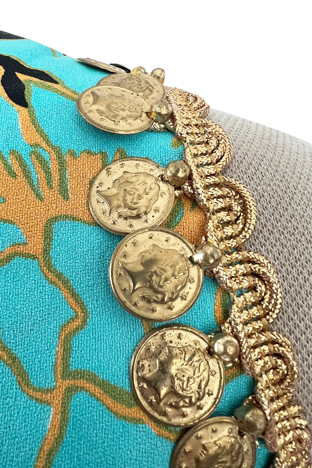 Gorgeous 1960s Unlabeled Tropical Blues Floral Print Jumpsuit w Gold Coin & Cord Detailing