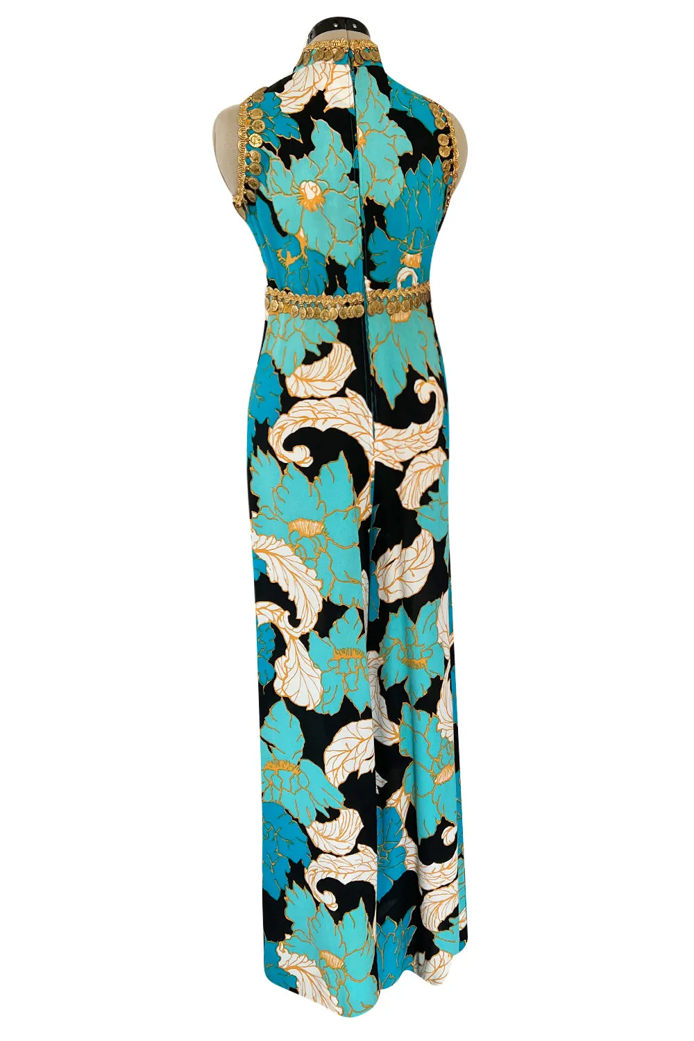 Gorgeous 1960s Unlabeled Tropical Blues Floral Print Jumpsuit w Gold Coin & Cord Detailing