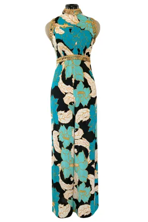 Gorgeous 1960s Unlabeled Tropical Blues Floral Print Jumpsuit w Gold Coin & Cord Detailing
