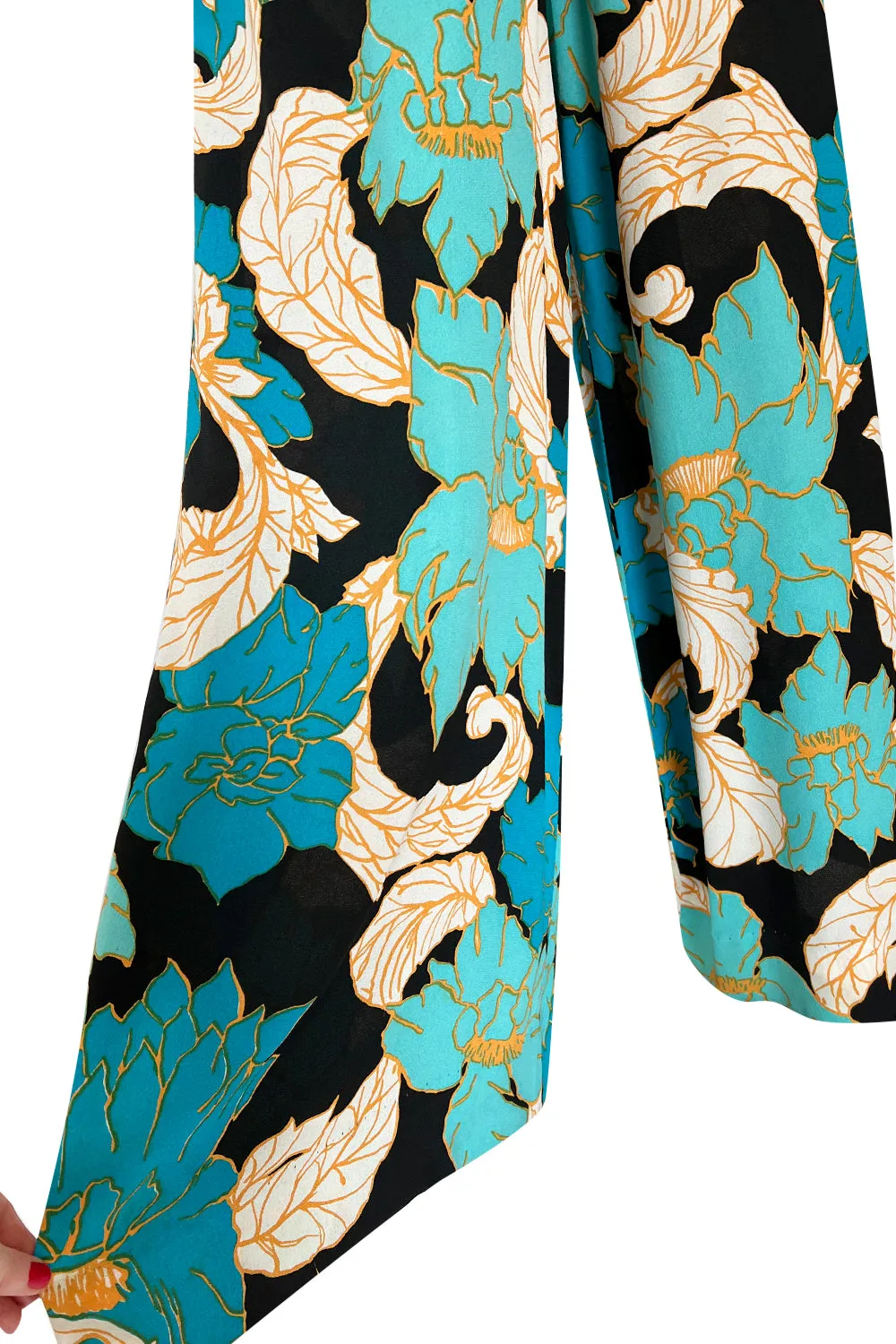 Gorgeous 1960s Unlabeled Tropical Blues Floral Print Jumpsuit w Gold Coin & Cord Detailing