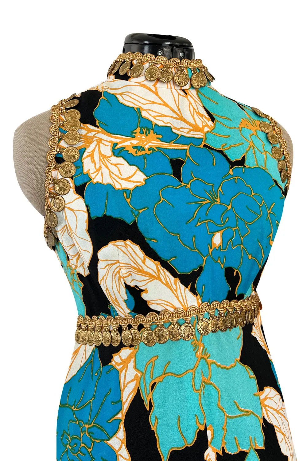Gorgeous 1960s Unlabeled Tropical Blues Floral Print Jumpsuit w Gold Coin & Cord Detailing