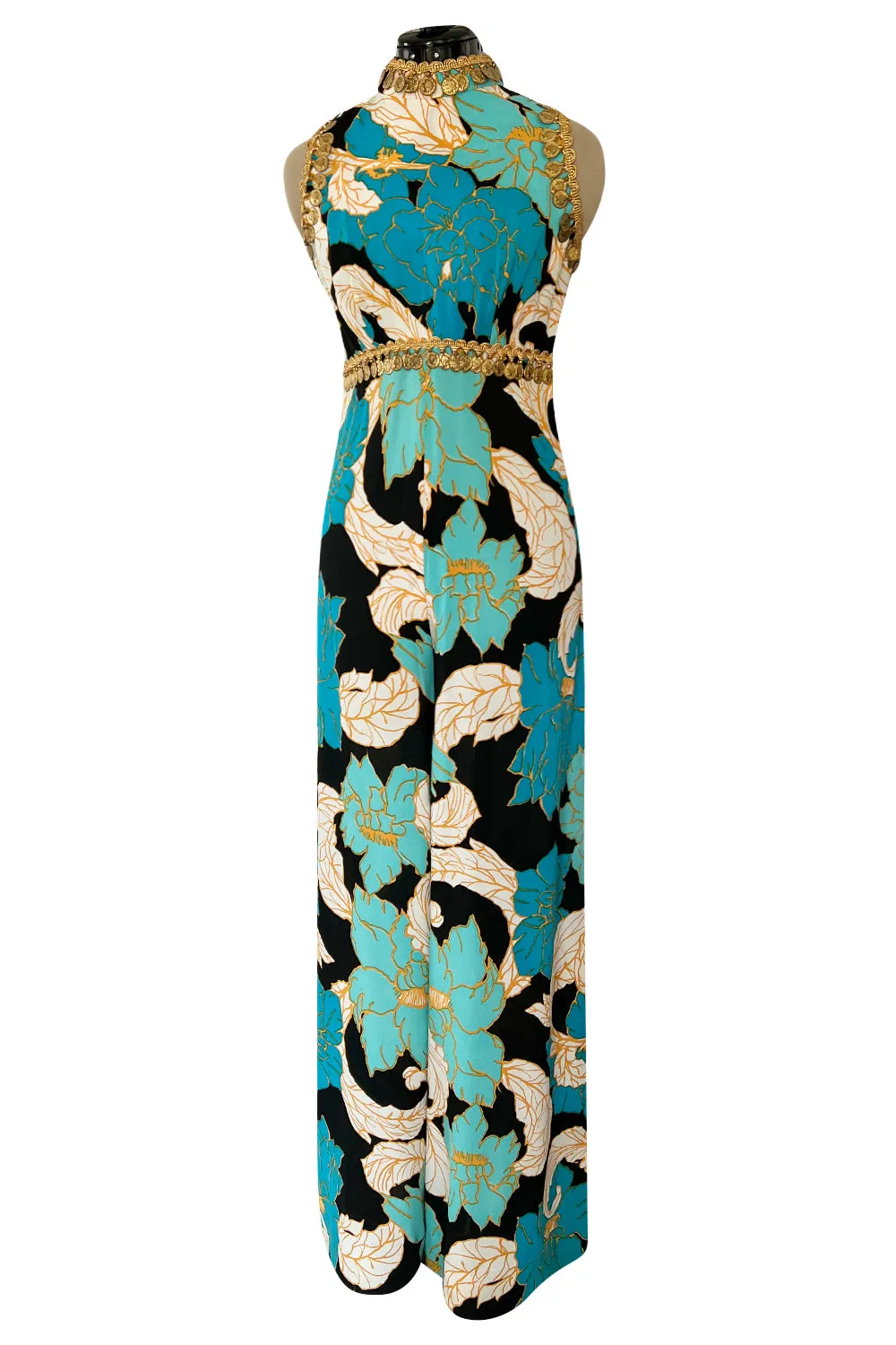 Gorgeous 1960s Unlabeled Tropical Blues Floral Print Jumpsuit w Gold Coin & Cord Detailing