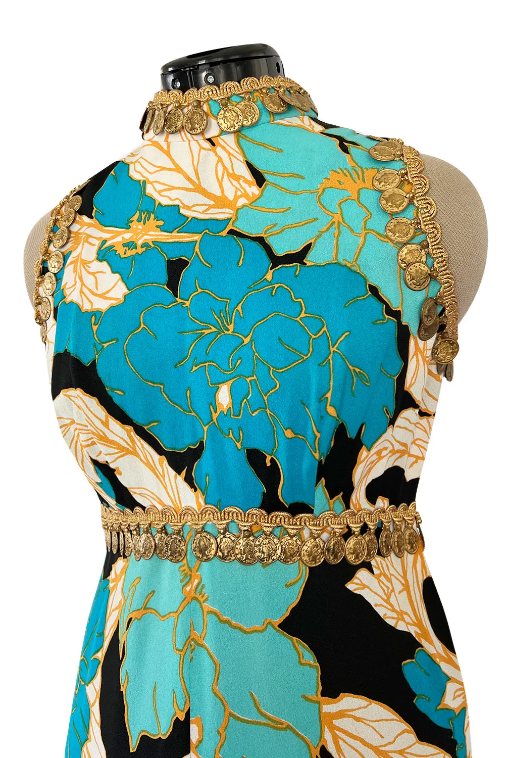 Gorgeous 1960s Unlabeled Tropical Blues Floral Print Jumpsuit w Gold Coin & Cord Detailing