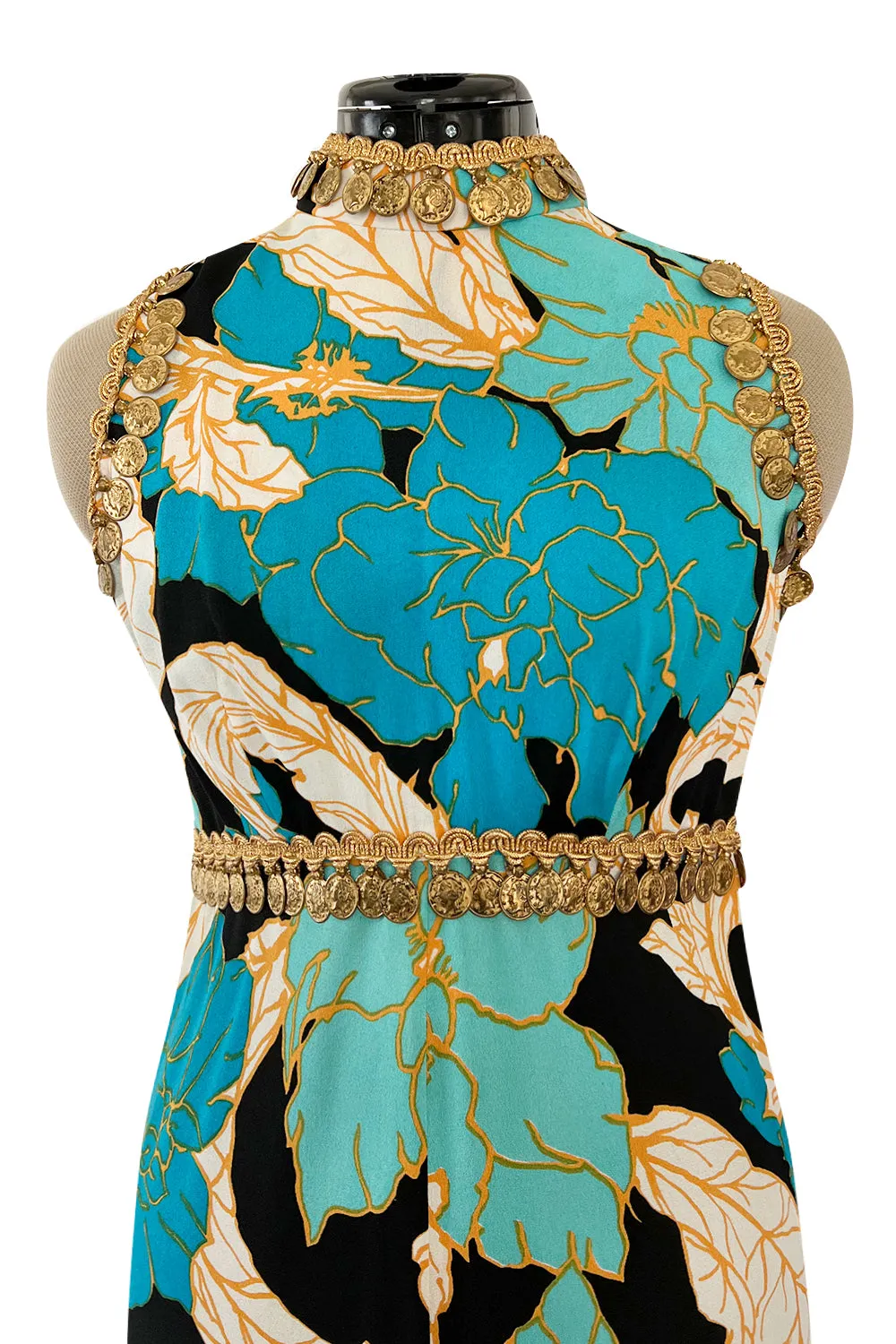 Gorgeous 1960s Unlabeled Tropical Blues Floral Print Jumpsuit w Gold Coin & Cord Detailing