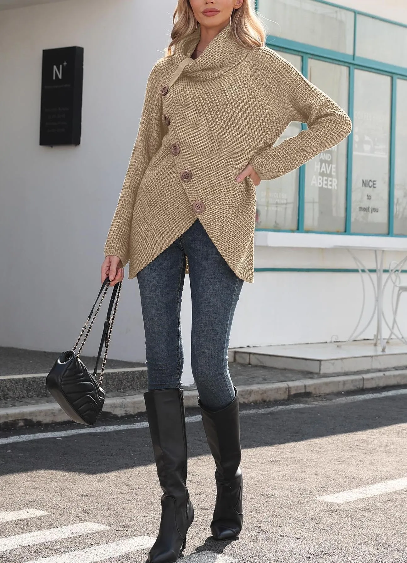 GRECERELLE Women's 2024 Fall Turtleneck Chunky Pullover Sweaters Long Sleeve Asymmetric Knit Jumper Tops Khaki