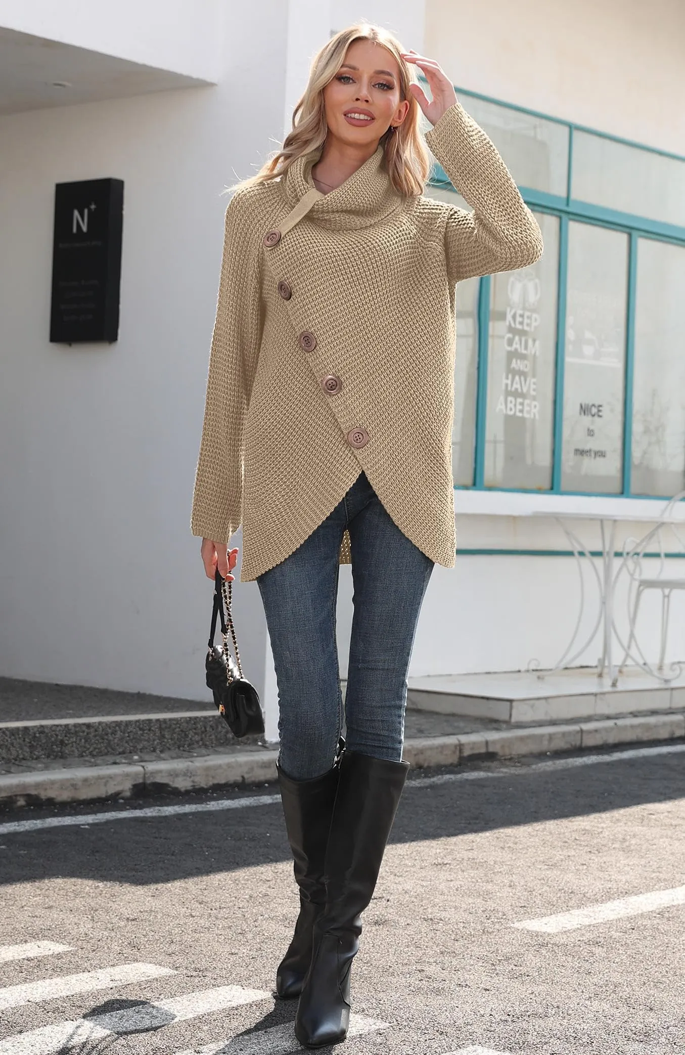 GRECERELLE Women's 2024 Fall Turtleneck Chunky Pullover Sweaters Long Sleeve Asymmetric Knit Jumper Tops Khaki