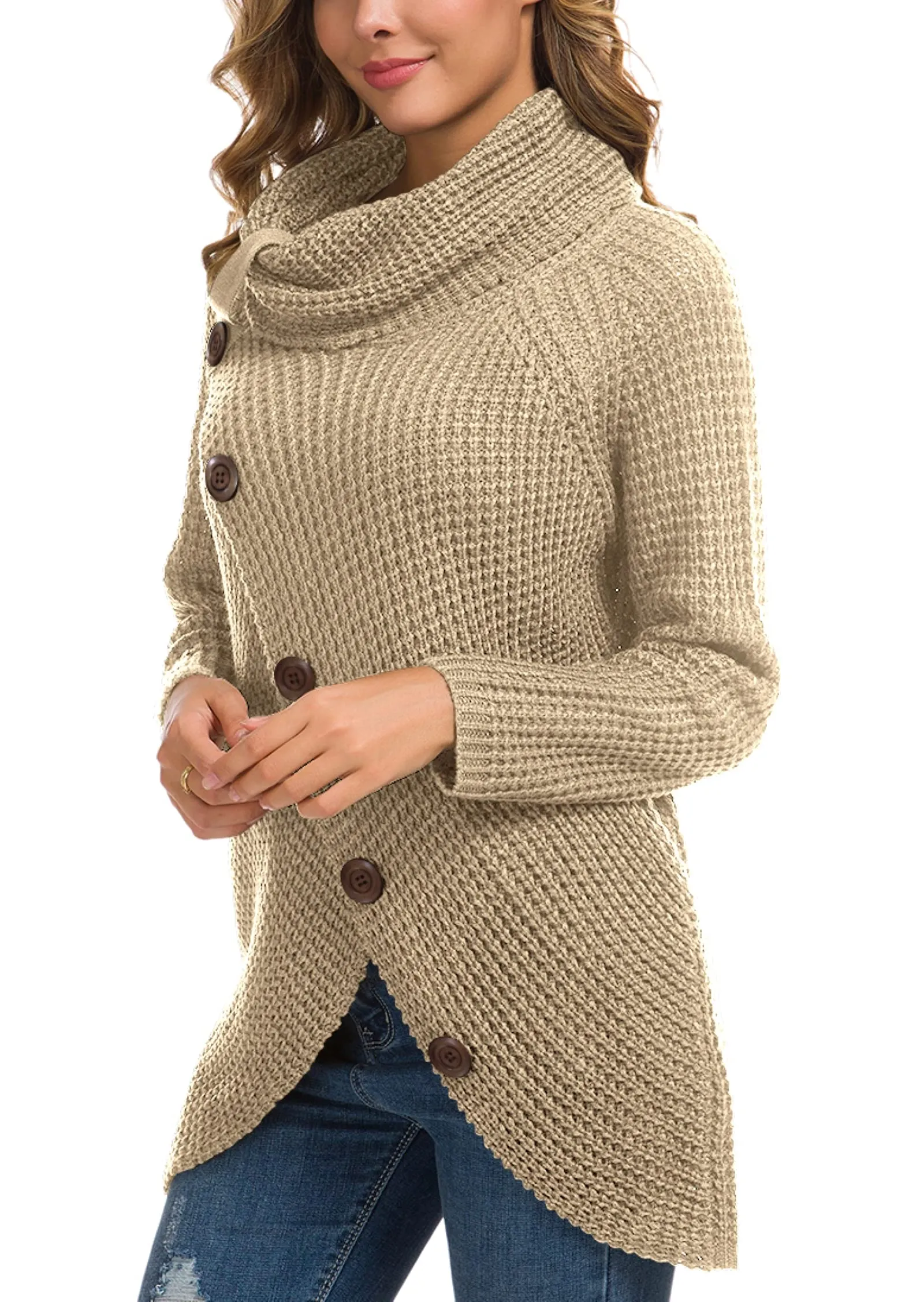 GRECERELLE Women's 2024 Fall Turtleneck Chunky Pullover Sweaters Long Sleeve Asymmetric Knit Jumper Tops Khaki