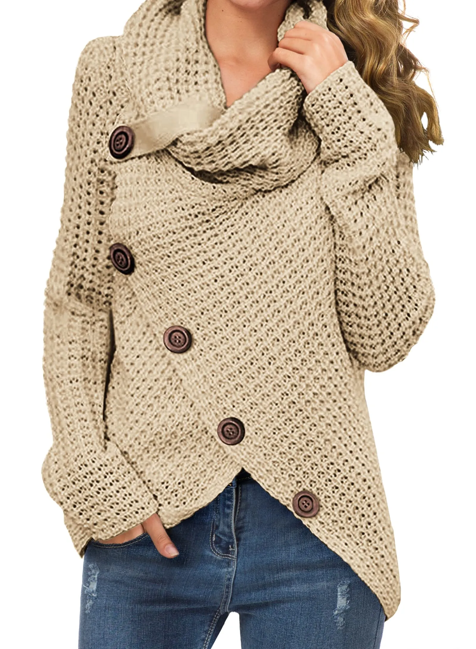 GRECERELLE Women's 2024 Fall Turtleneck Chunky Pullover Sweaters Long Sleeve Asymmetric Knit Jumper Tops Khaki