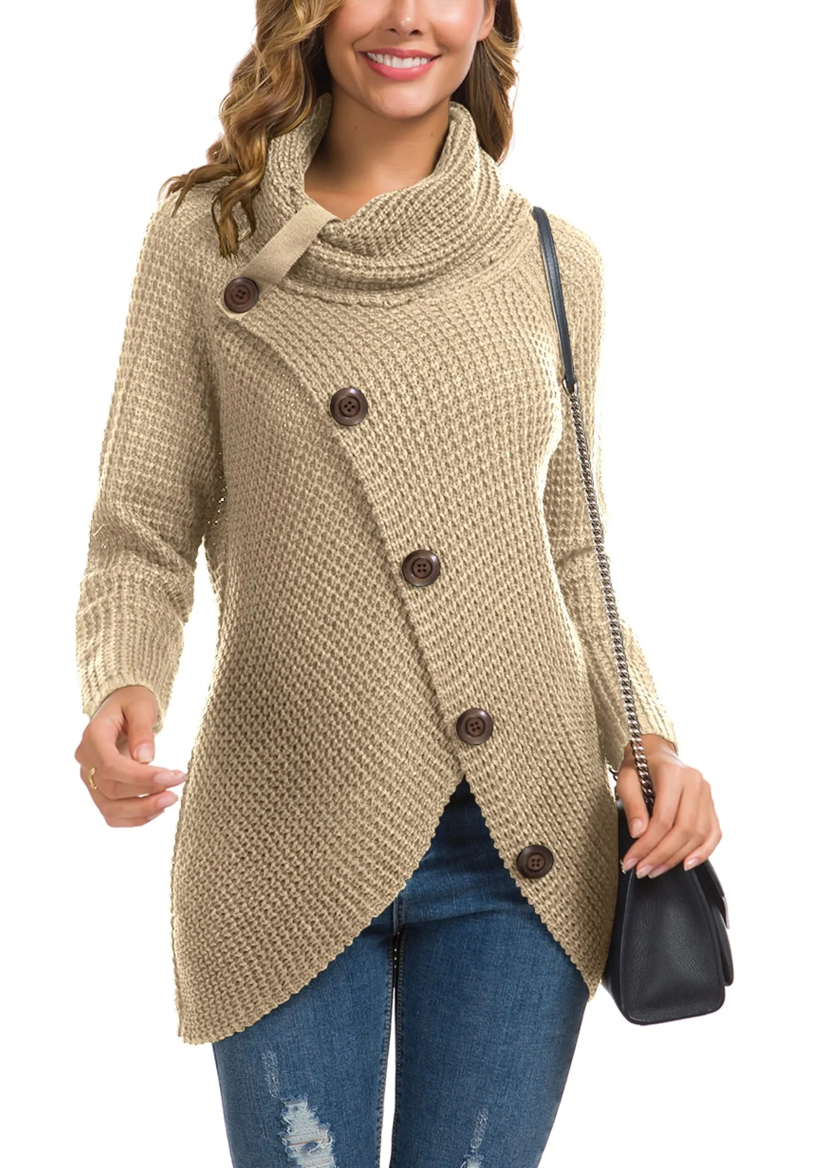 GRECERELLE Women's 2024 Fall Turtleneck Chunky Pullover Sweaters Long Sleeve Asymmetric Knit Jumper Tops Khaki
