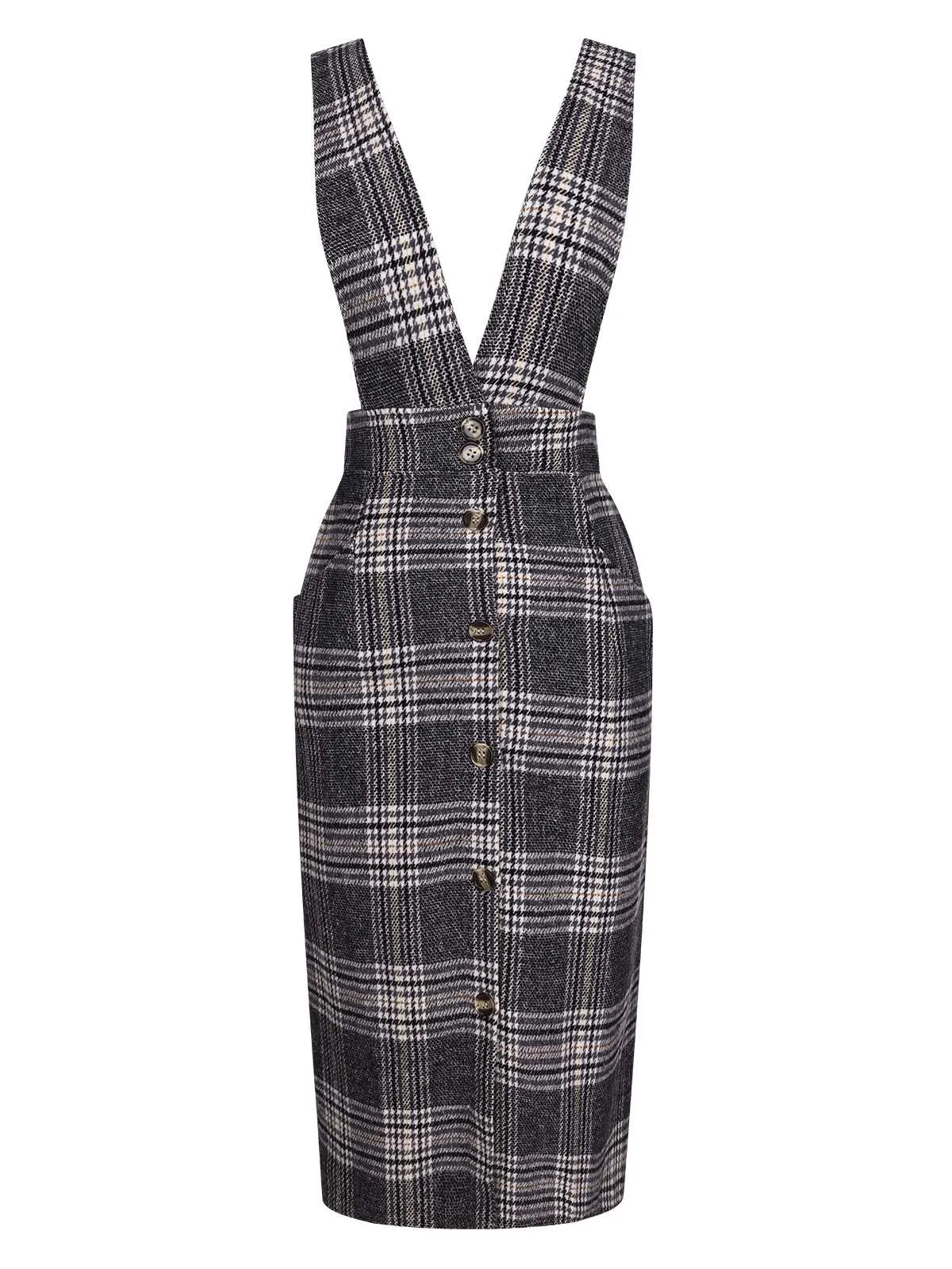 Grey 1960s Button Plaid Pinafore Dress