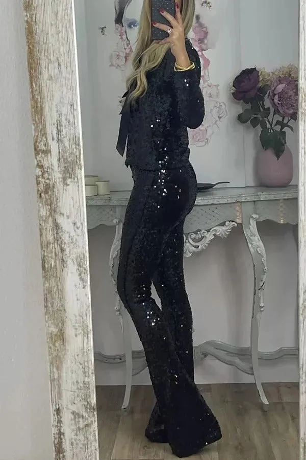 Holiday Cheer Sequin High Rise Elastic Waist Flared Stretch Pants
