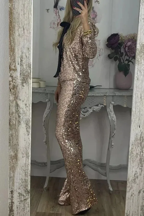 Holiday Cheer Sequin High Rise Elastic Waist Flared Stretch Pants