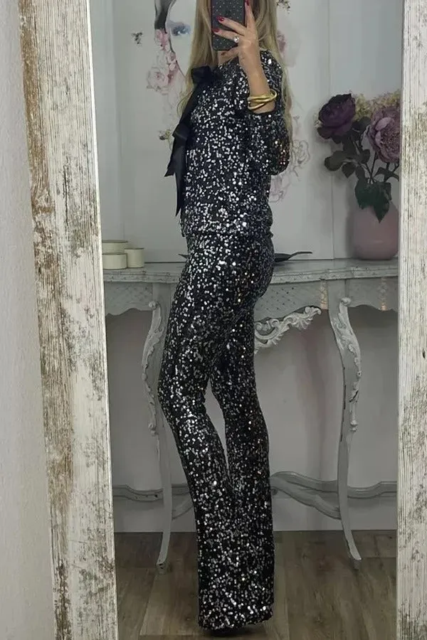Holiday Cheer Sequin High Rise Elastic Waist Flared Stretch Pants