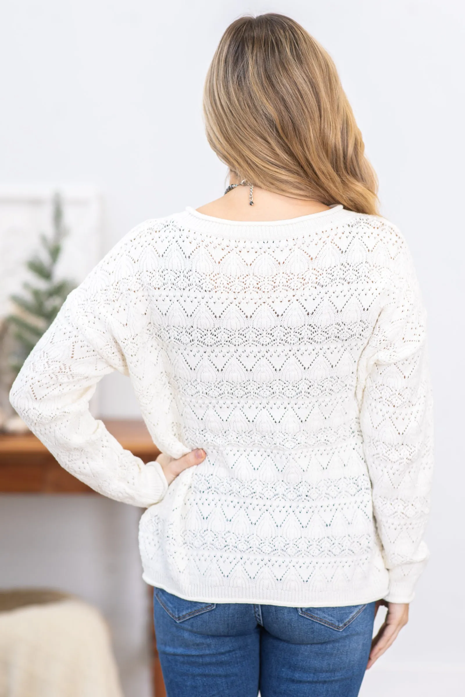 Ivory Crochet Detail Knit Sweater