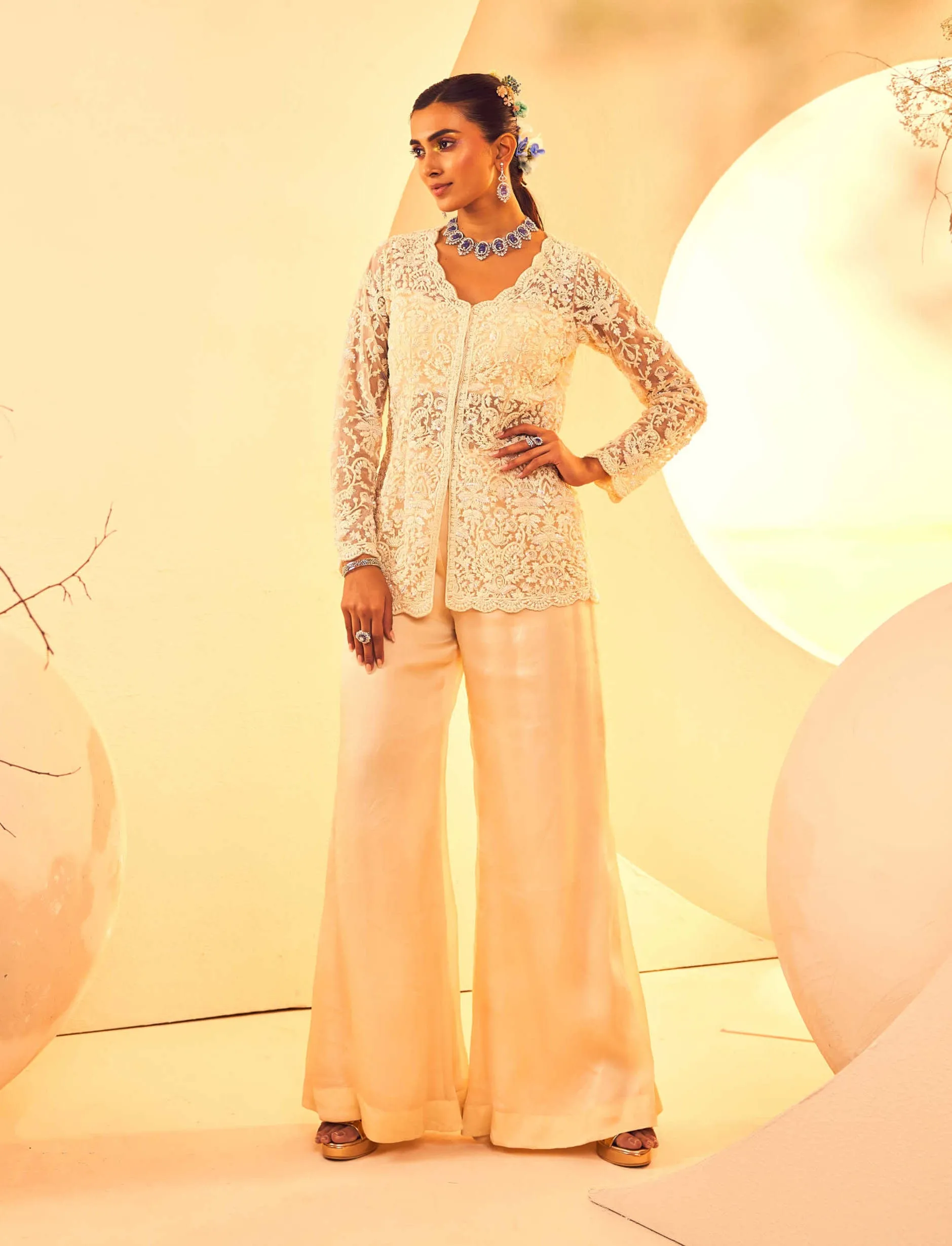 Ivory embroidered jacket and flared pant set