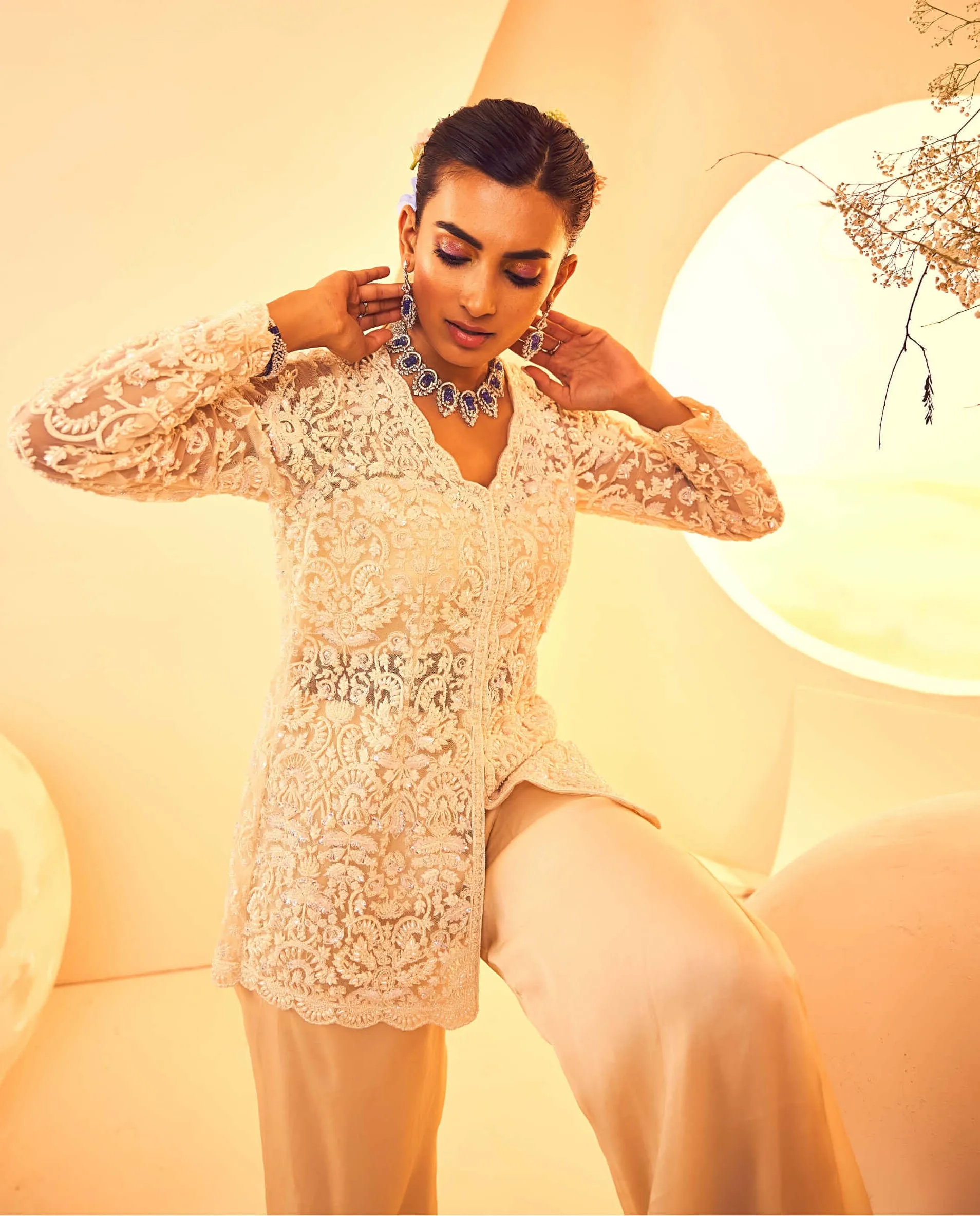 Ivory embroidered jacket and flared pant set