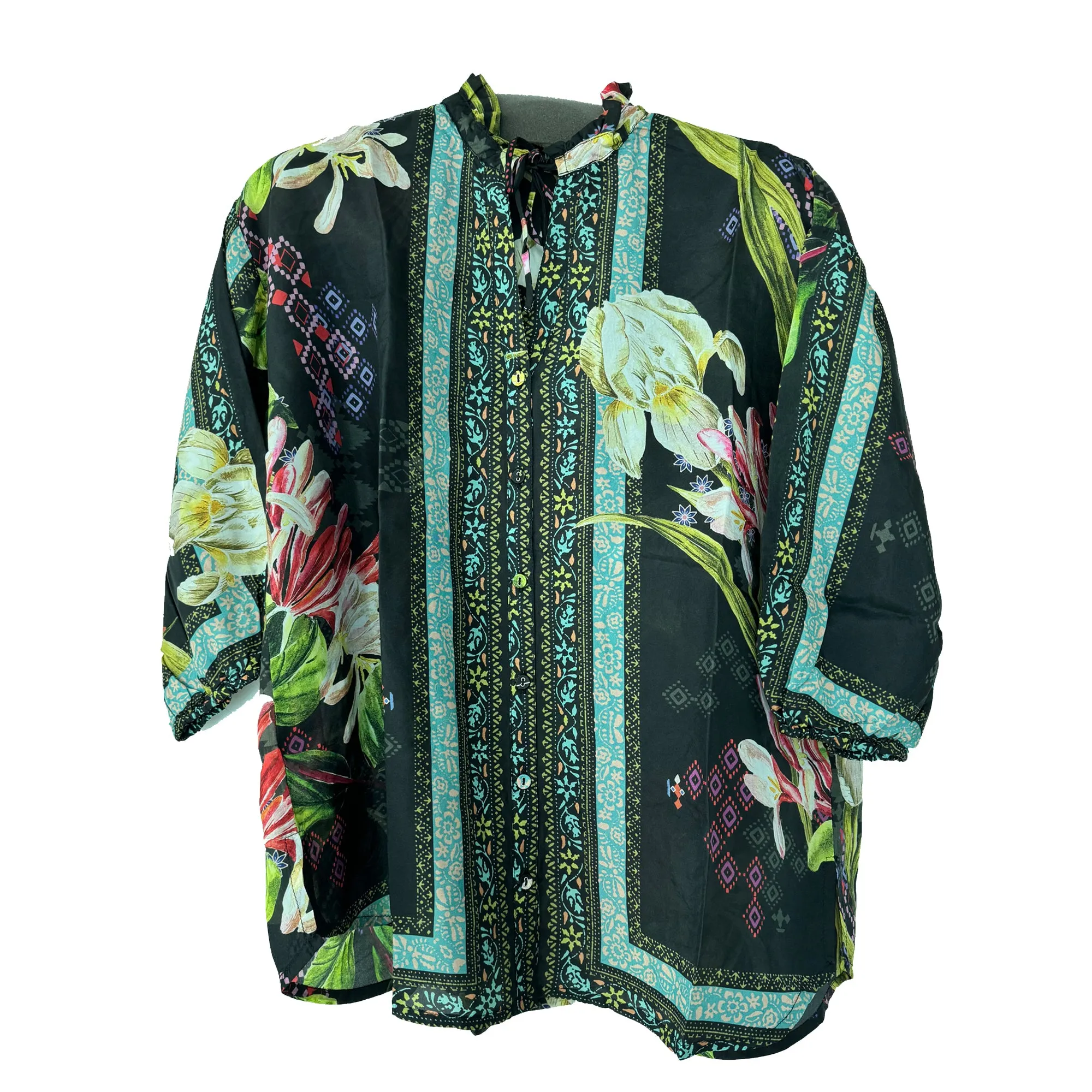 Johnny Was Janie Favorite Iris Whisper Long Swing Tee Floral Shirt Top Black NEW