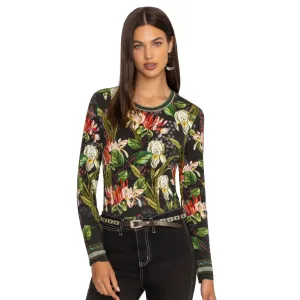 Johnny Was Janie Favorite Iris Whisper Long Swing Tee Floral Shirt Top Black NEW