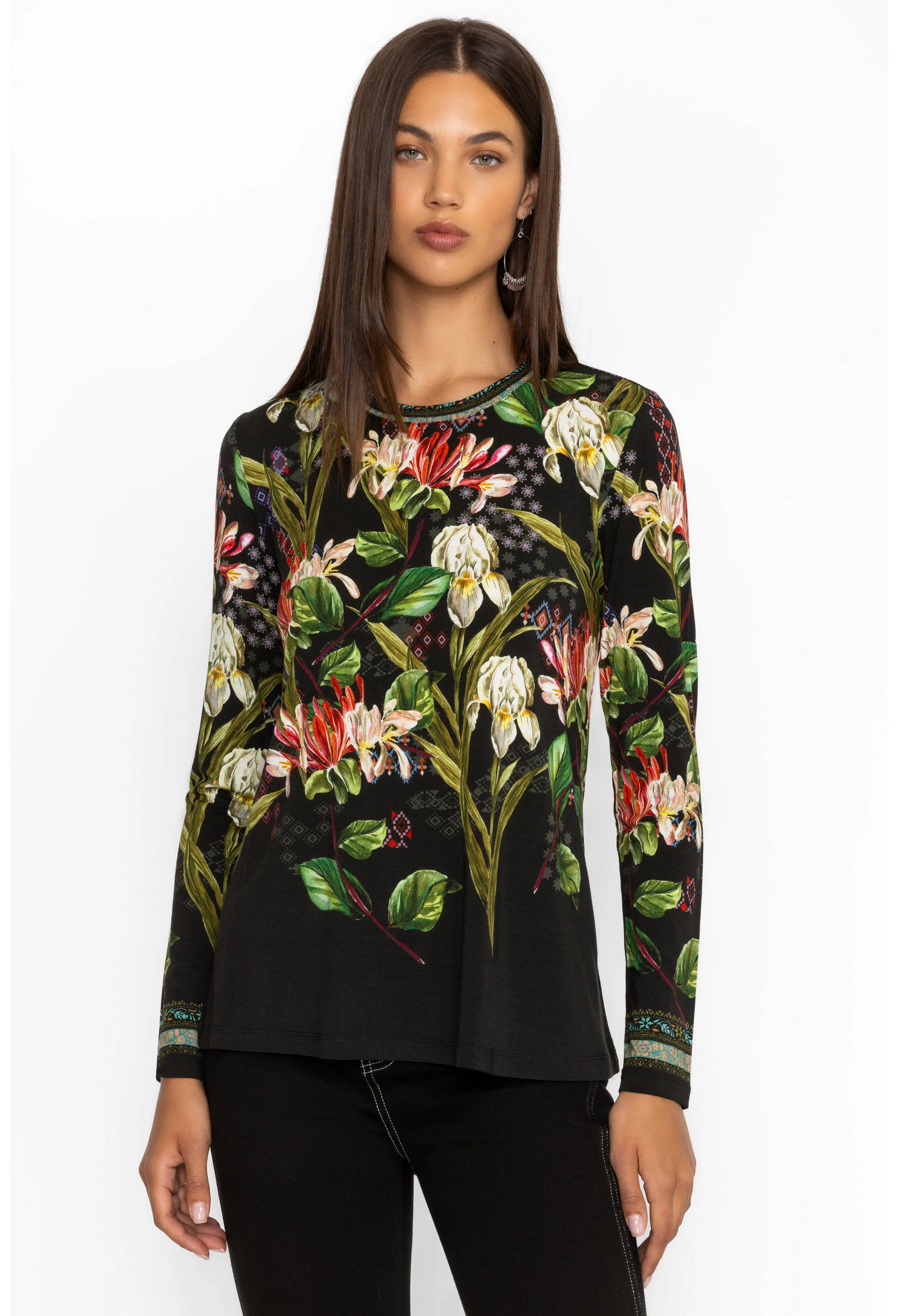 Johnny Was Janie Favorite Iris Whisper Long Swing Tee Floral Shirt Top Black NEW