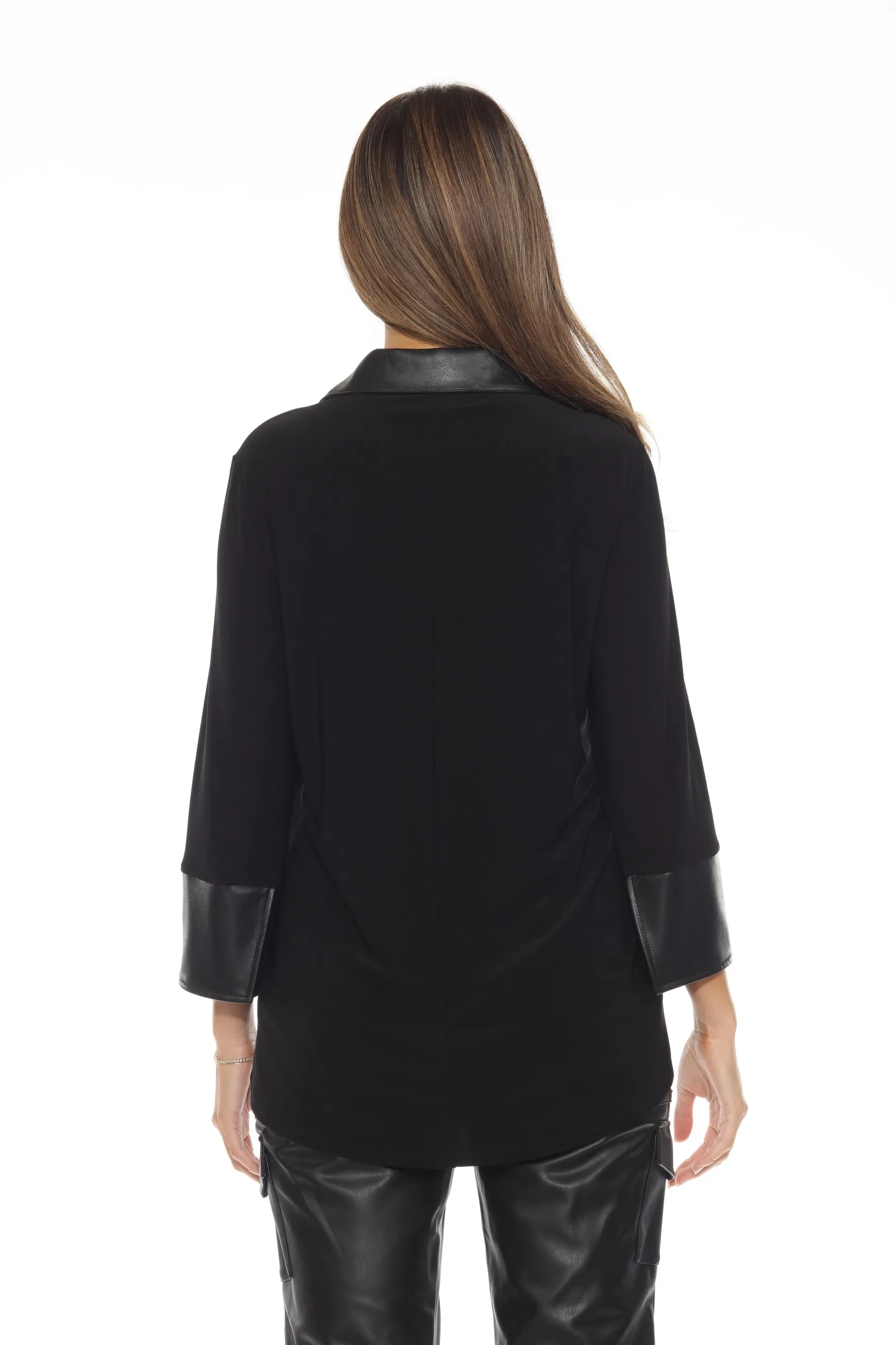 Joseph Ribkoff Black Faux Leather Detail Button-Down Flared Shirt 243204