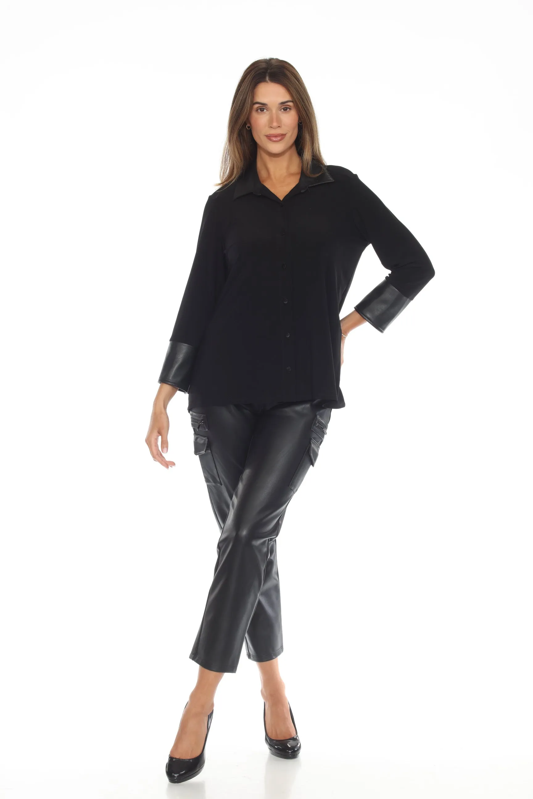 Joseph Ribkoff Black Faux Leather Detail Button-Down Flared Shirt 243204