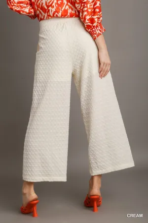 Kyla Square Jacquard Wide Fit Pants with Pleats & Elastic Waistband In Cream