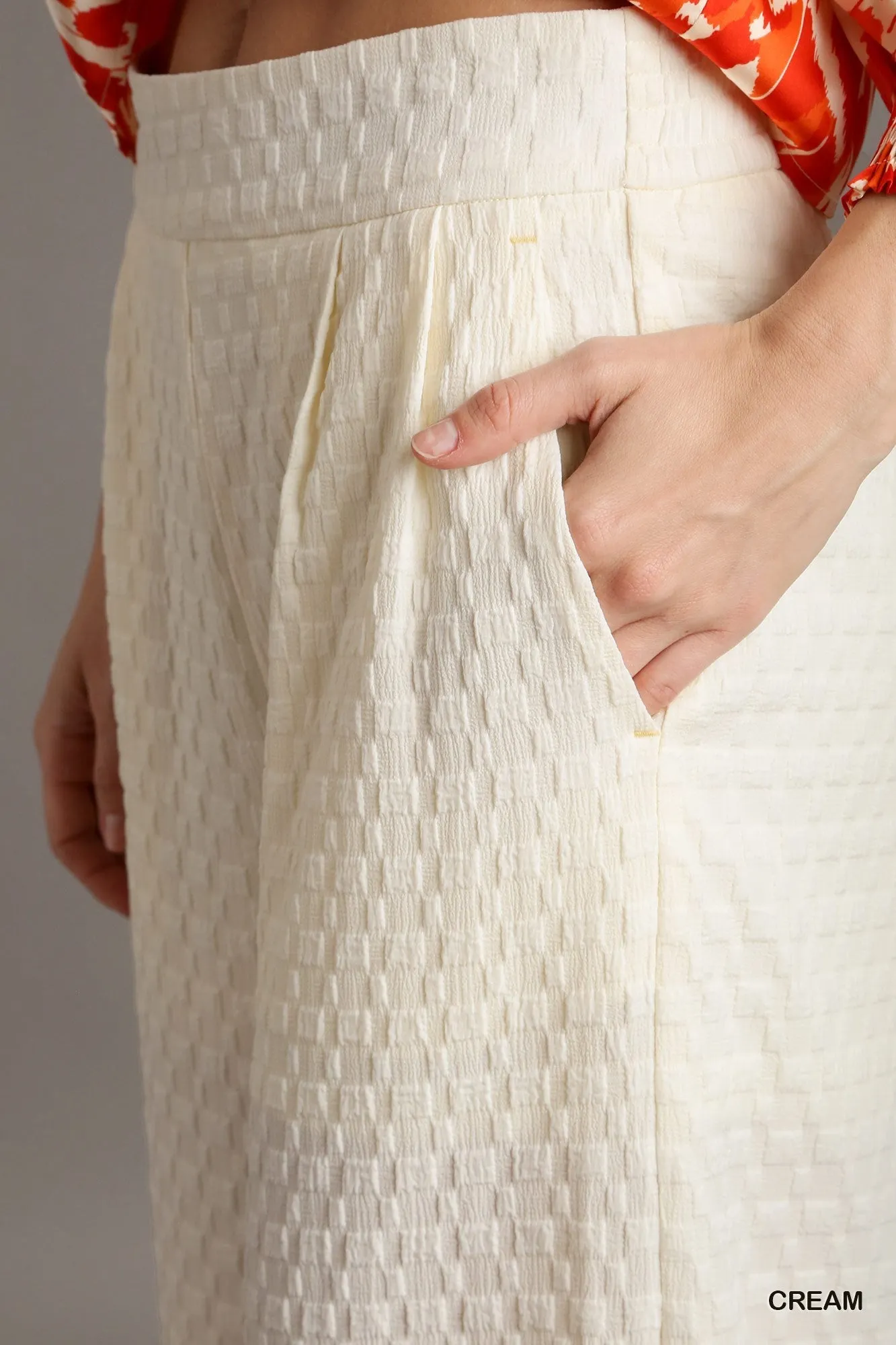 Kyla Square Jacquard Wide Fit Pants with Pleats & Elastic Waistband In Cream