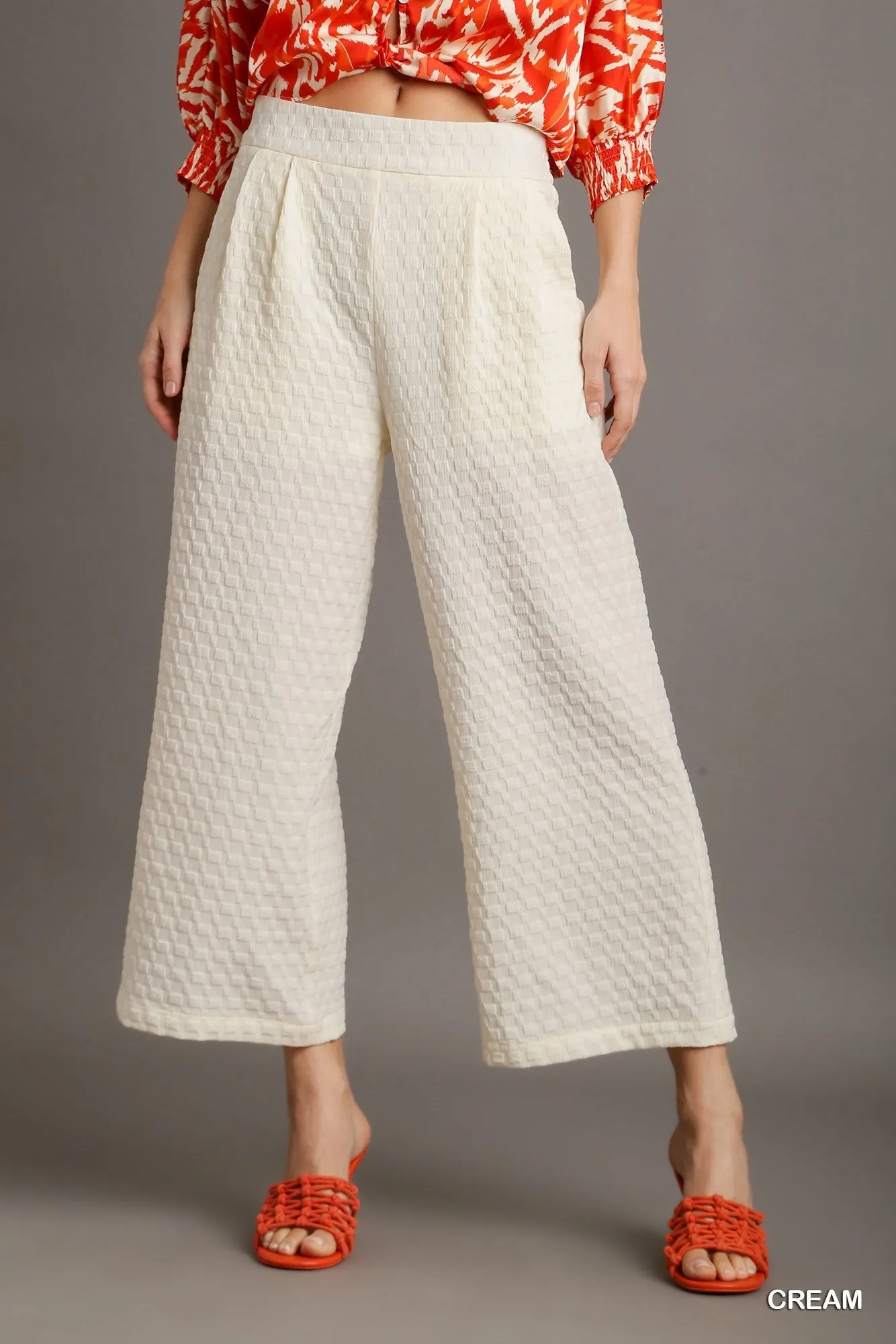 Kyla Square Jacquard Wide Fit Pants with Pleats & Elastic Waistband In Cream