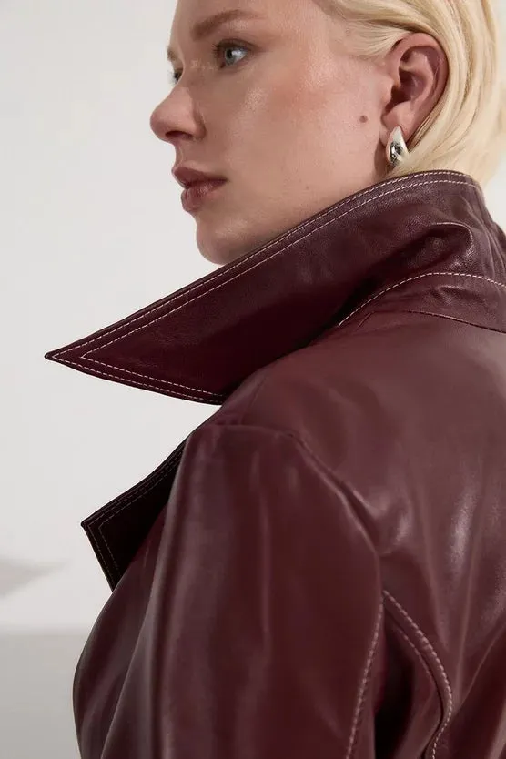 Leather Stitch Detail Tailored Trench Coat