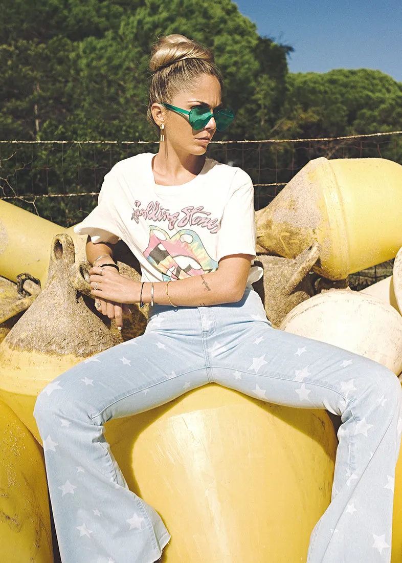 Light Blue Denim High Rise Star Print Flared Jeans Bell Bottoms