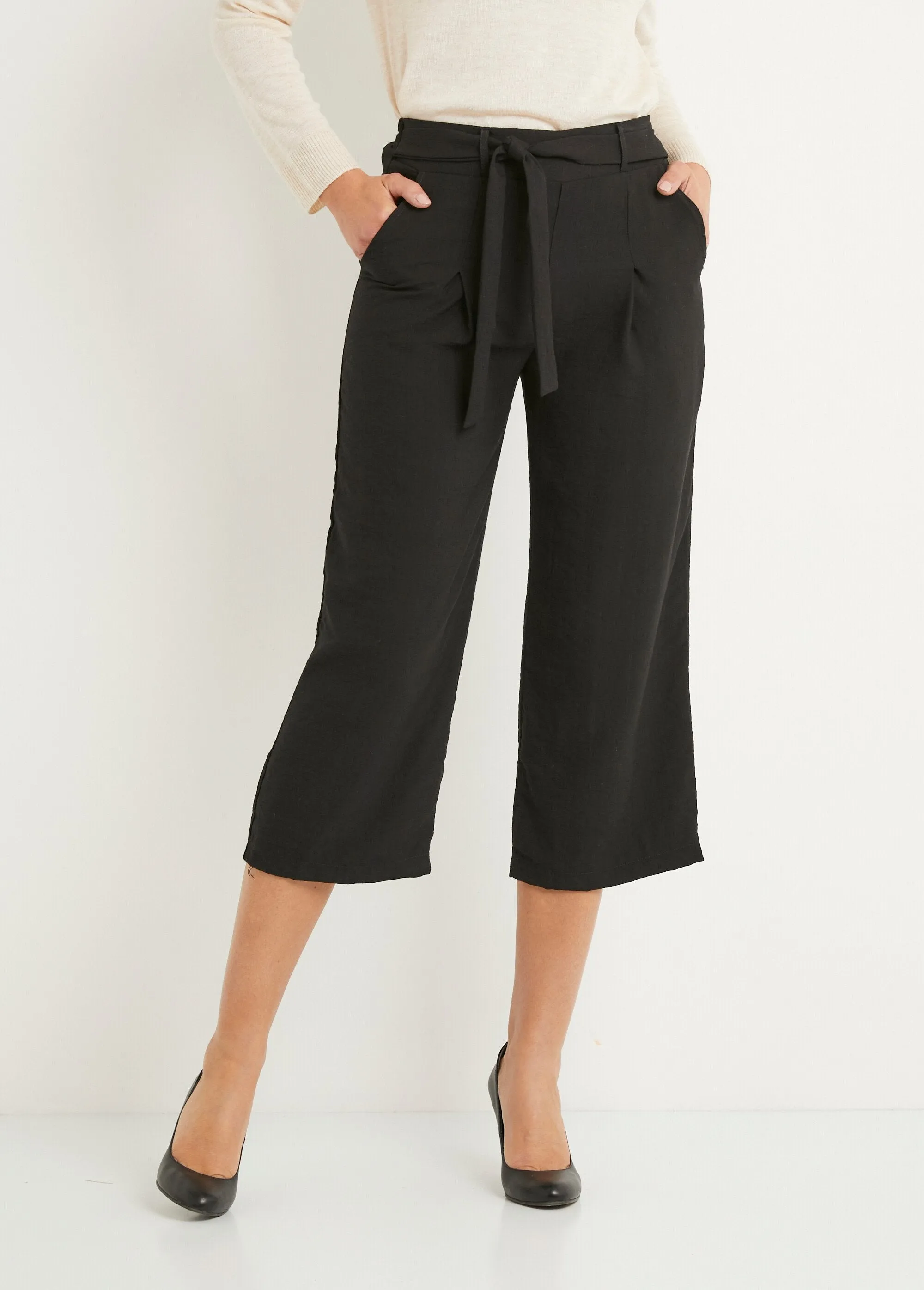 Linen-effect fabric capri pants