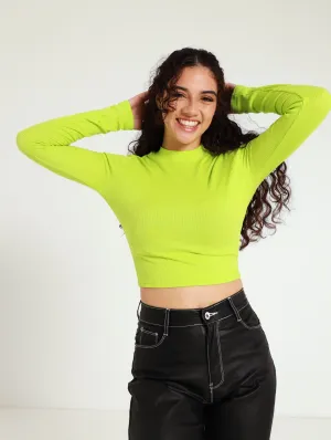 Long Sleeve Rib Basic Top - Lime