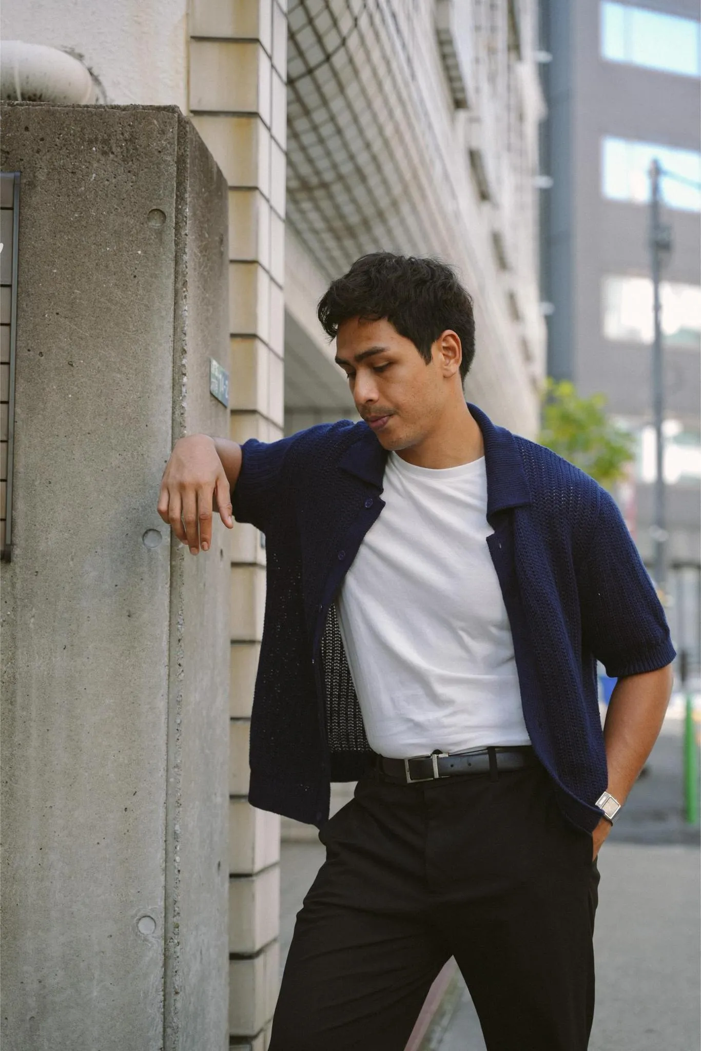 MAISON TOHA: CLASSIC FISHERMAN KNIT SHIRT IN NAVY