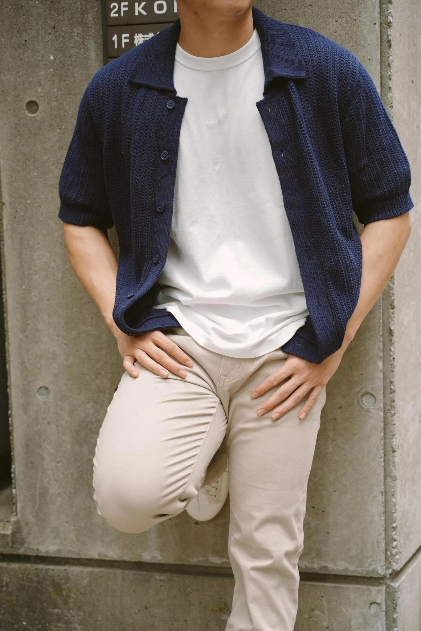 MAISON TOHA: CLASSIC FISHERMAN KNIT SHIRT IN NAVY