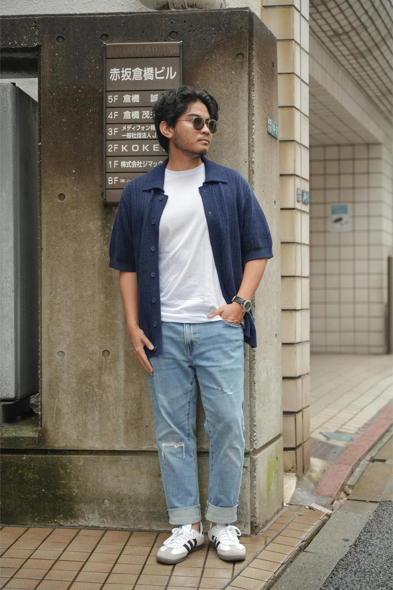 MAISON TOHA: CLASSIC FISHERMAN KNIT SHIRT IN NAVY