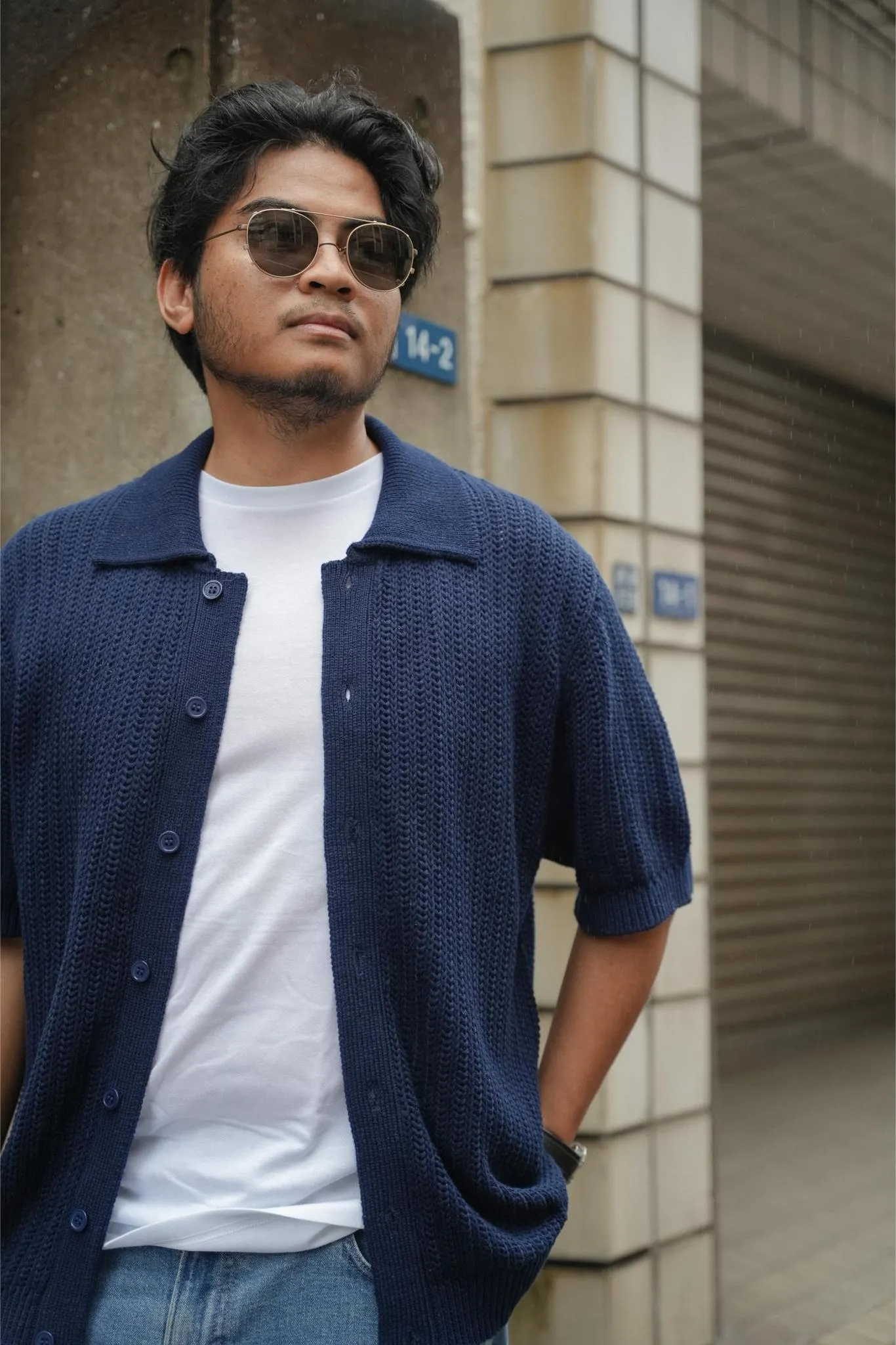 MAISON TOHA: CLASSIC FISHERMAN KNIT SHIRT IN NAVY