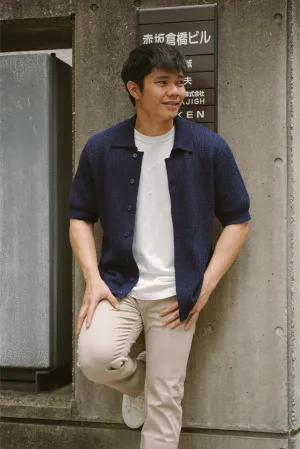 MAISON TOHA: CLASSIC FISHERMAN KNIT SHIRT IN NAVY