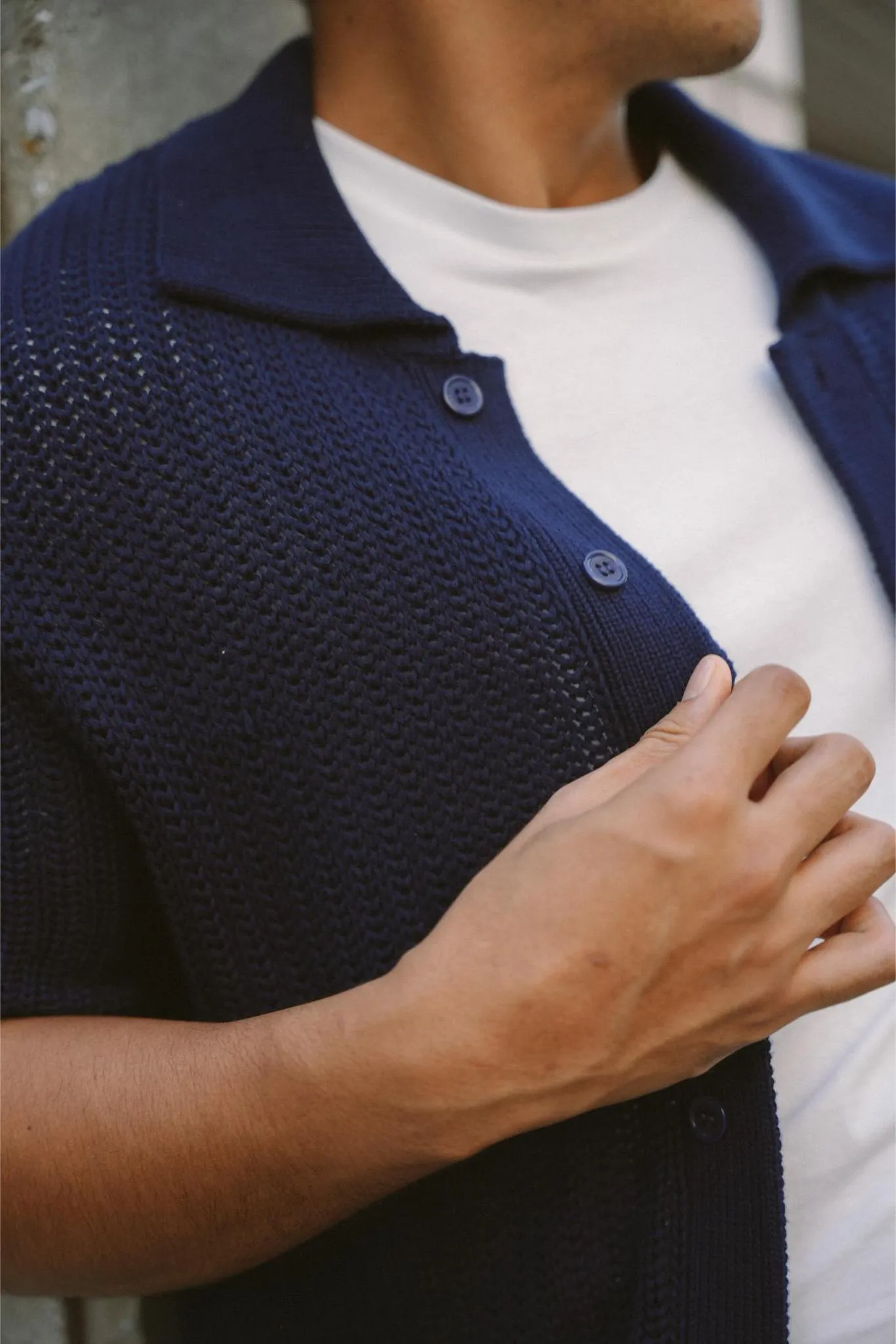 MAISON TOHA: CLASSIC FISHERMAN KNIT SHIRT IN NAVY