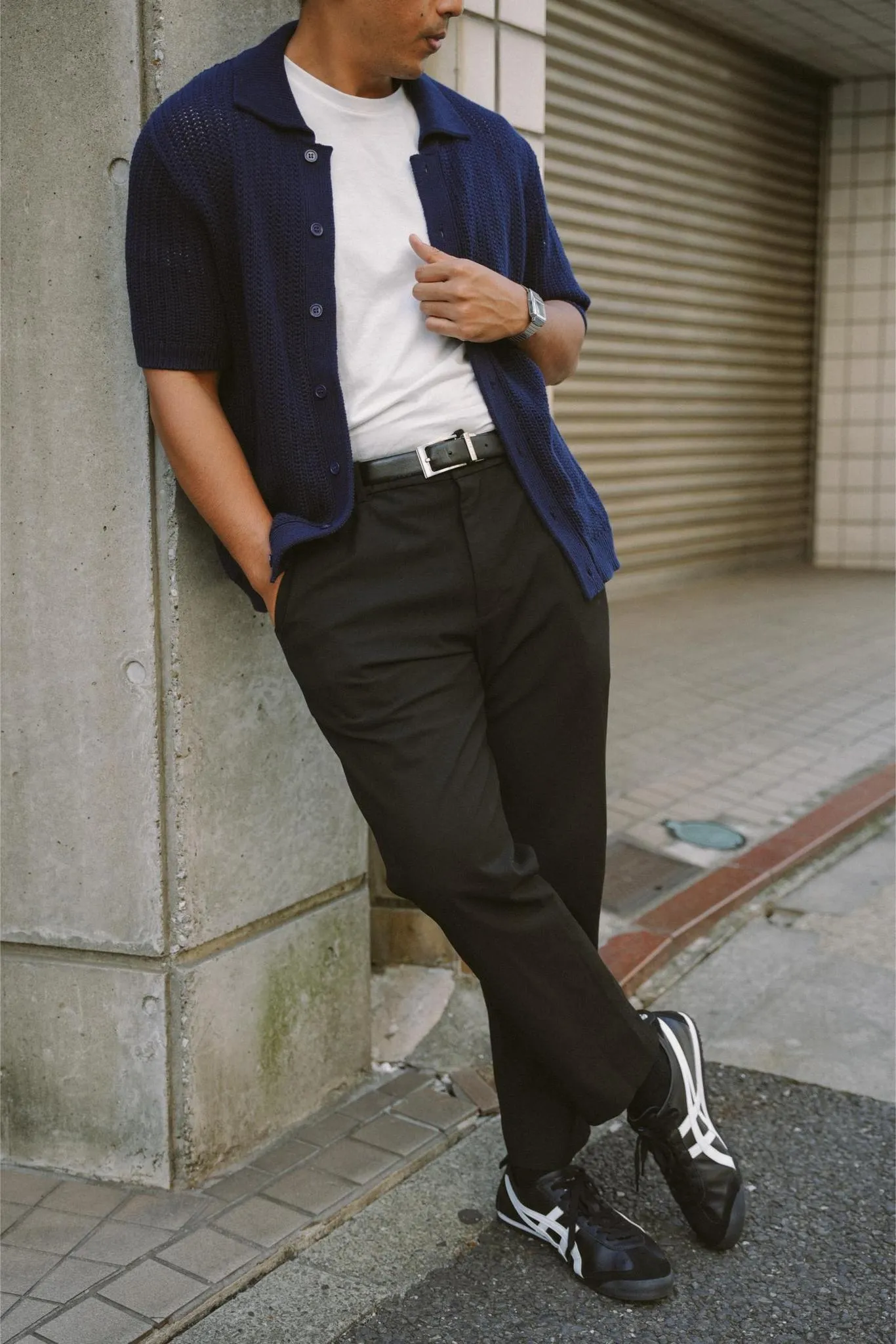 MAISON TOHA: CLASSIC FISHERMAN KNIT SHIRT IN NAVY