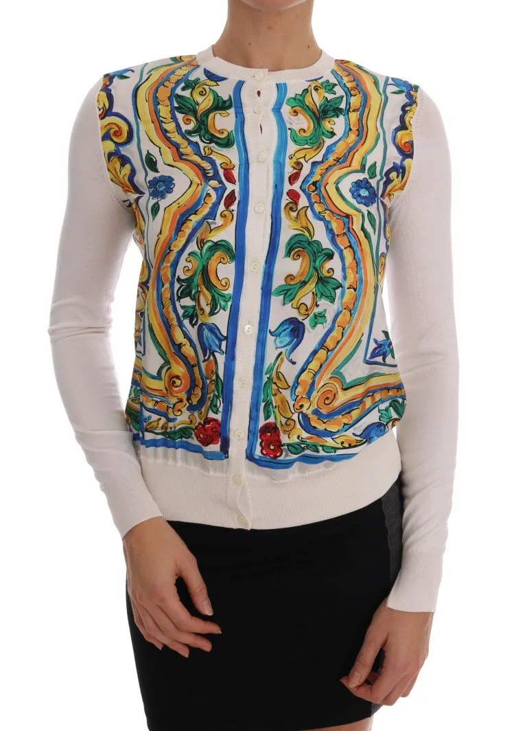 Majolica Print Silk Cardigan Sweater