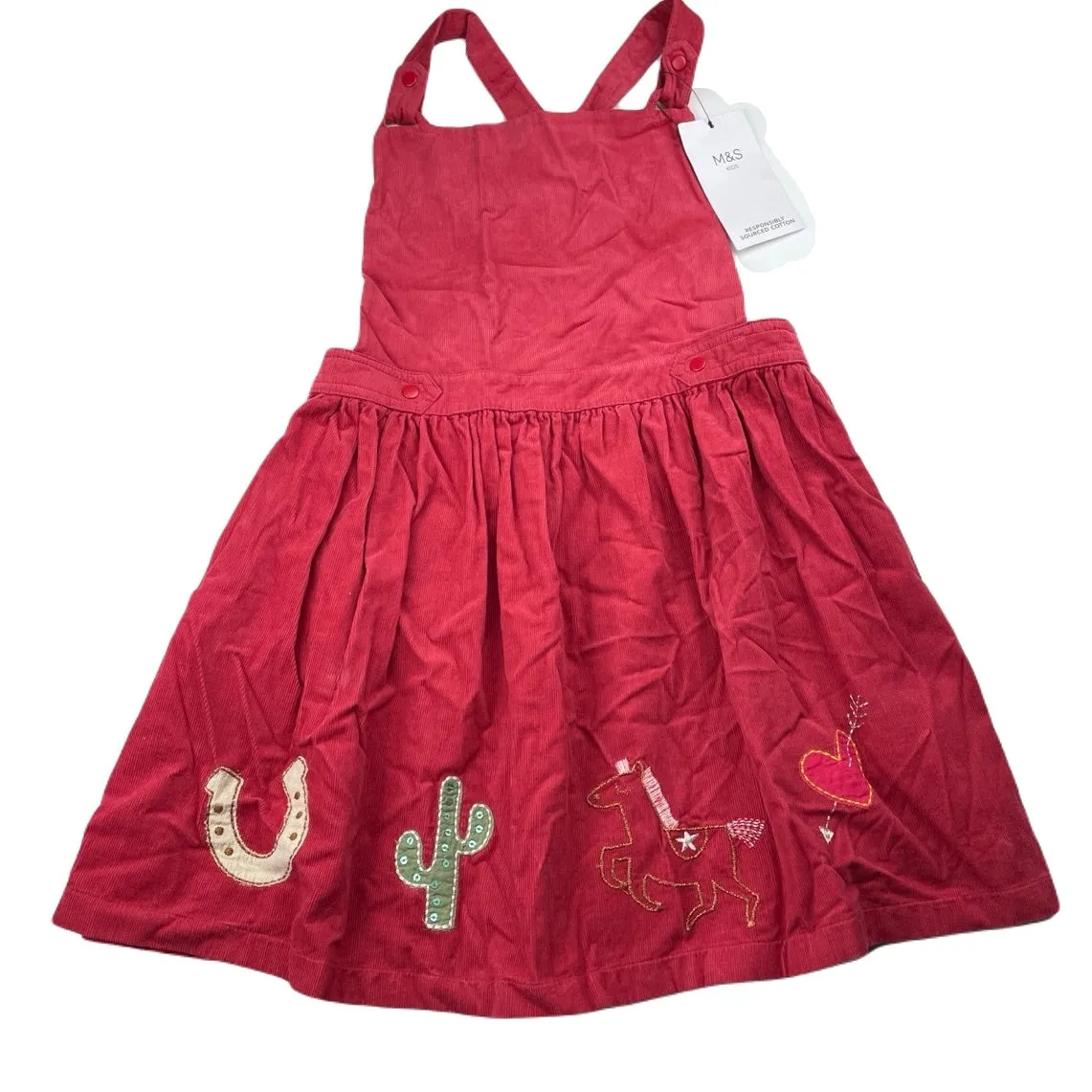M&S embroidered corduroy cotton overalls dress / pinafore, size 6-7, BNWT
