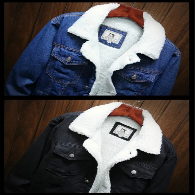 Men Winter Wool Liner Jean Jackets Outerwear Warm Denim Coats, Size:XXXXXL(Sky Blue)