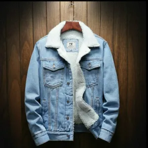 Men Winter Wool Liner Jean Jackets Outerwear Warm Denim Coats, Size:XXXXXL(Sky Blue)