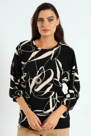 Monochrome Plisse Blouse - Black