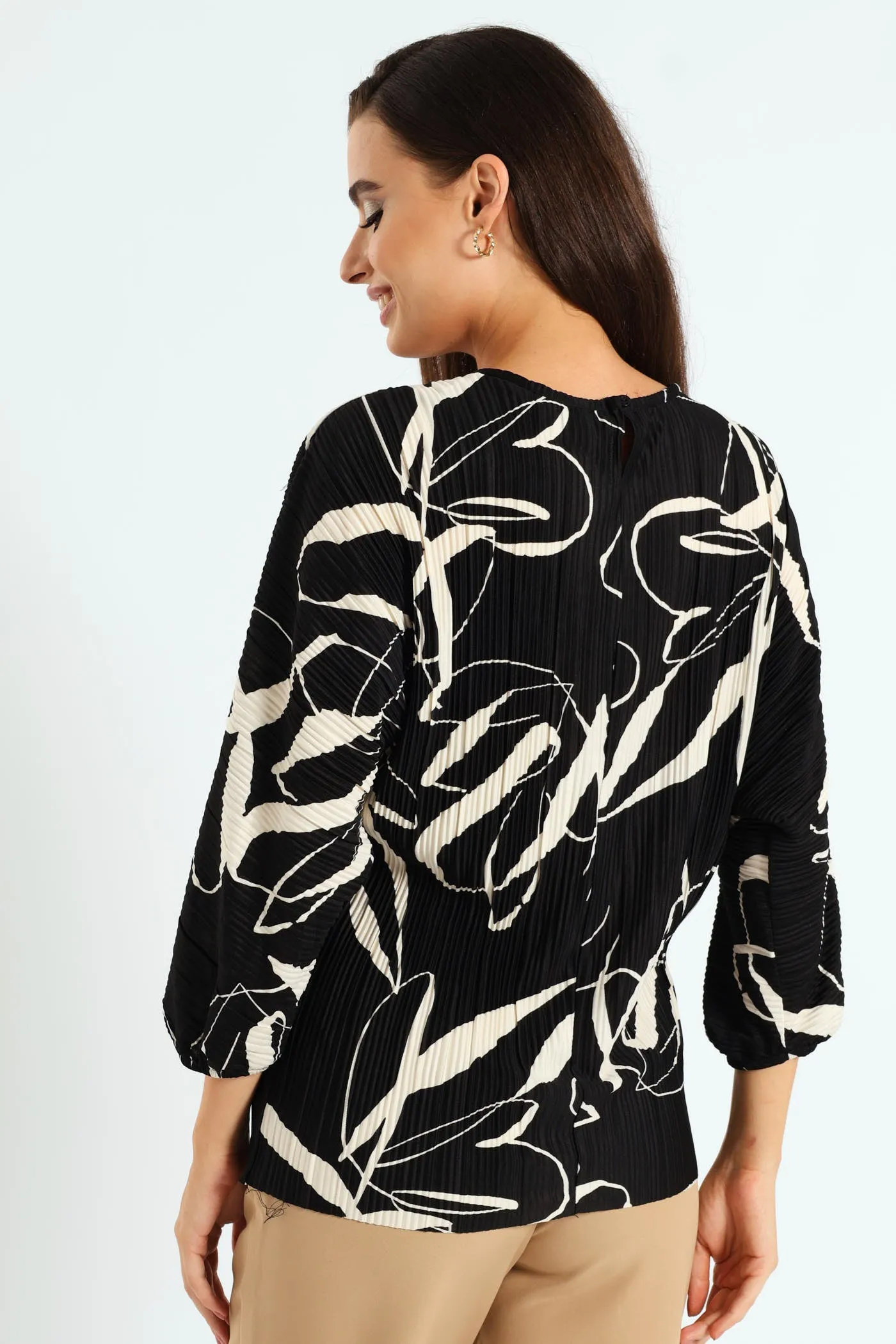 Monochrome Plisse Blouse - Black