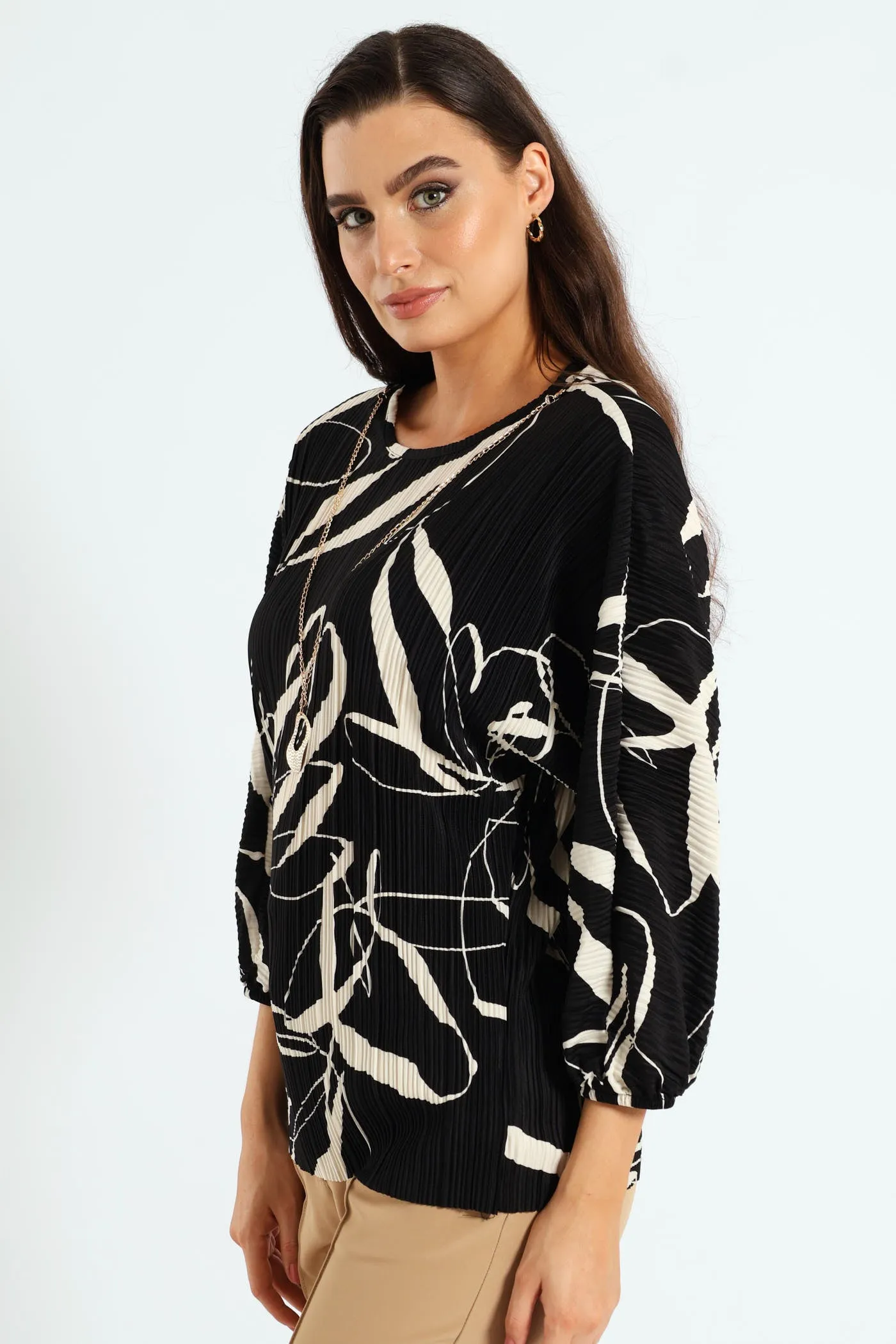 Monochrome Plisse Blouse - Black