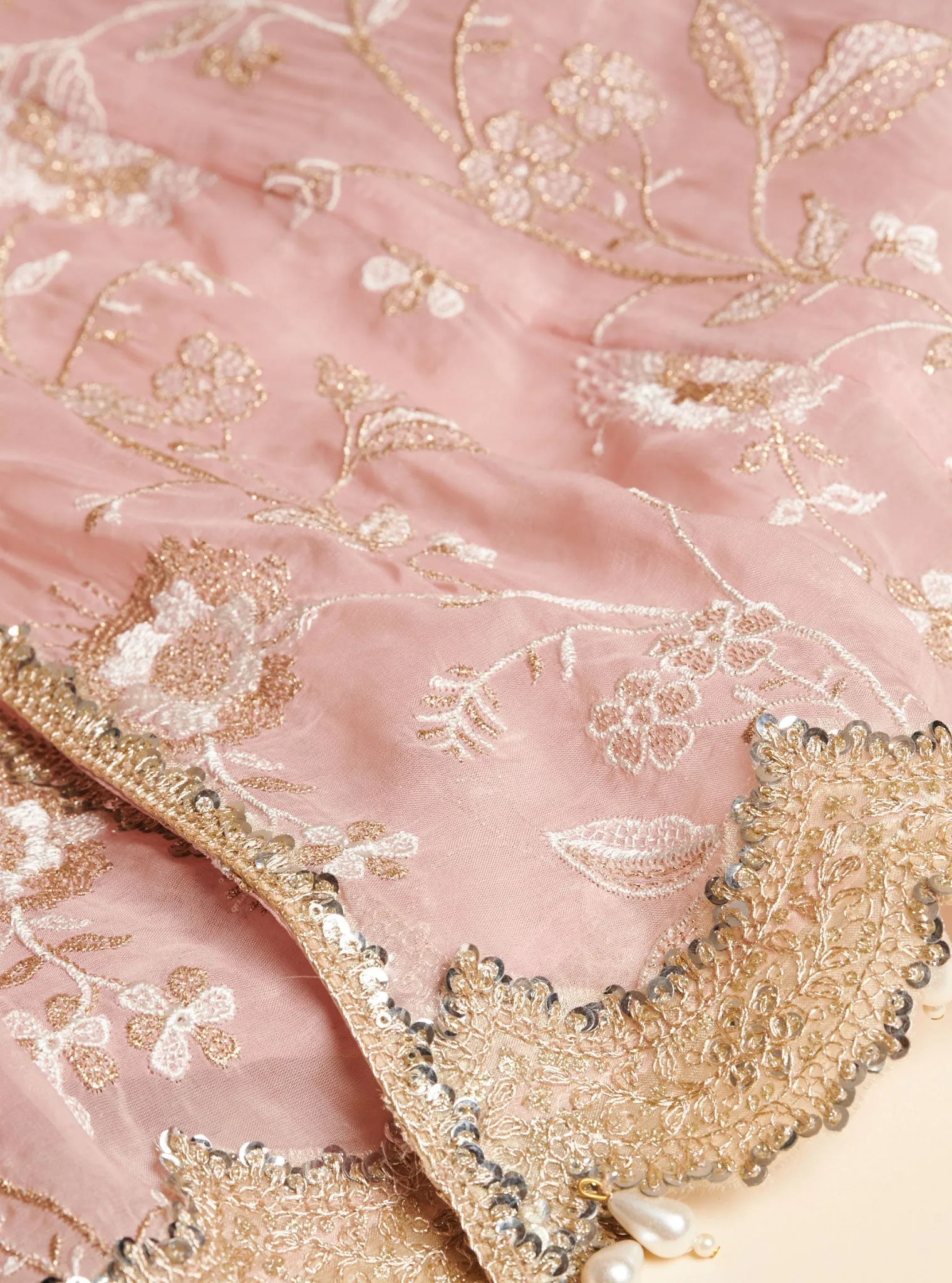 Mulmul Organza Lashkara Pink Short Anarkali Kurta With Mulmul Silk Lashkara Pink Sharara