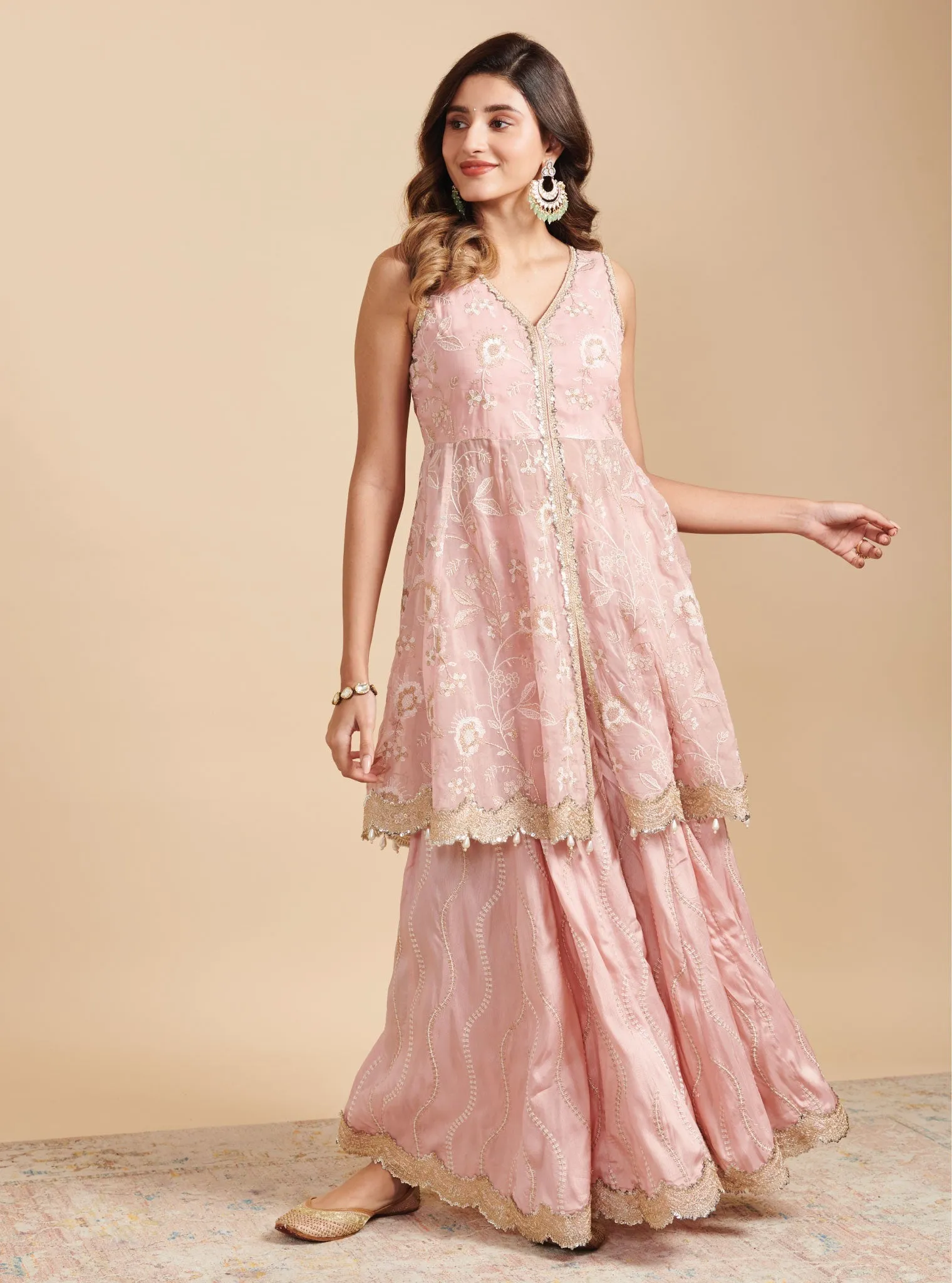 Mulmul Organza Lashkara Pink Short Anarkali Kurta With Mulmul Silk Lashkara Pink Sharara